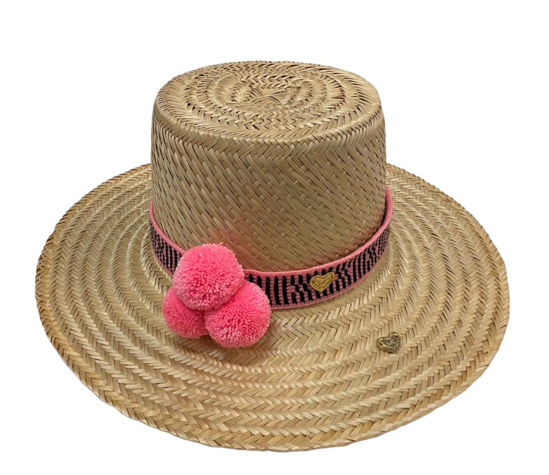 NWT beautiful wayuu hat with pink pompoms Soft Pink Wayuu Hat – Artisan Straw with Red & Green Pompoms  main image 2